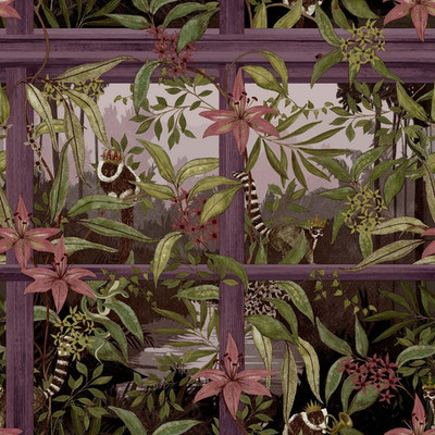 Tropischer Lemur Spalier Botanische Tapete Pflaume Lila Dschungel oder Grün Rosa