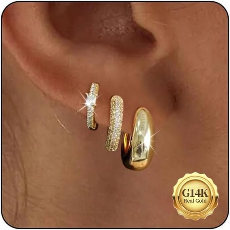 Gold Hoop Earrings Set for Women - 14K Gold Plated Small Hoops, Chunky Thick Ear