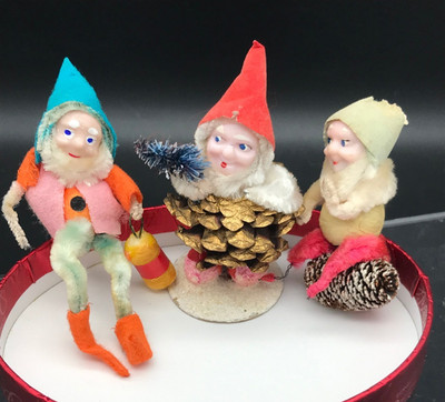 MCM Vintage Lot of 3 Putz Gnome Figures Pipe Cleaner and Pinecone designs
