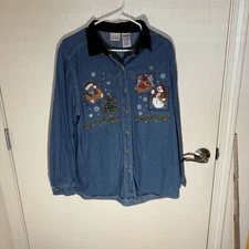 Bobbie Brooks Vintage Christmas Denim Button Up Shirt Embroidered Snowman XL