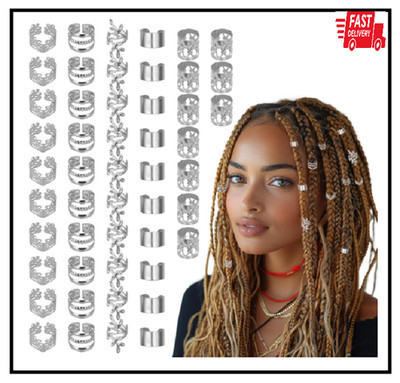 50PCS Silver Hair Jewelry for Braids Dreadlocks Hair Cuffs Beads Charms for Wome