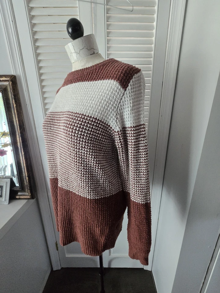Brown White Striped Textured Knit Pullover Sweater Women’s M Cozy Fall Chunky Foto 3 de 4