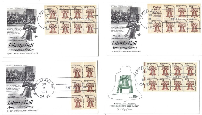 4 '75 FDCs, Americana Series , 13c Liberty Bell Booklet Set of 6 7 & 8