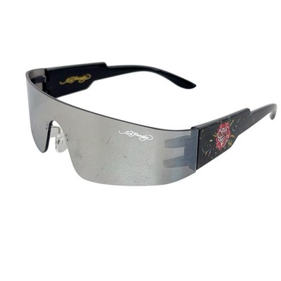 Ed Hardy Rose Tattoo Shield Sunglasses 100% UV Protection Silver Mirror EUC