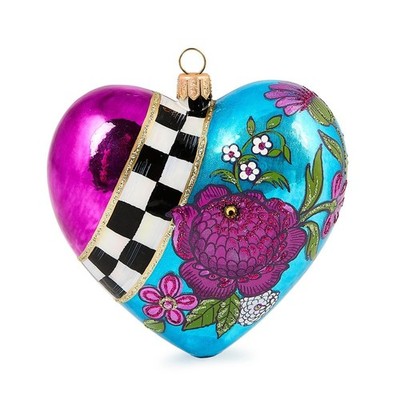 Brand New Mackenzie Childs Floral Heart Glass Ornament