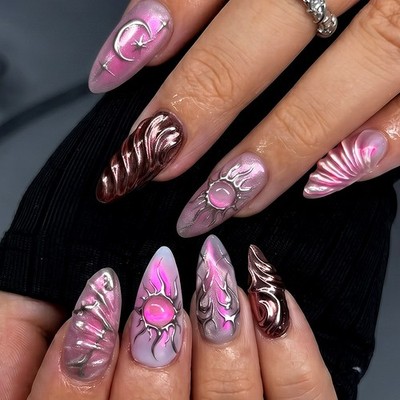 60Pcs Moon Sun Flame Metallic Almond Press on Nails,Y2K Glossy Trendy Fake Nails