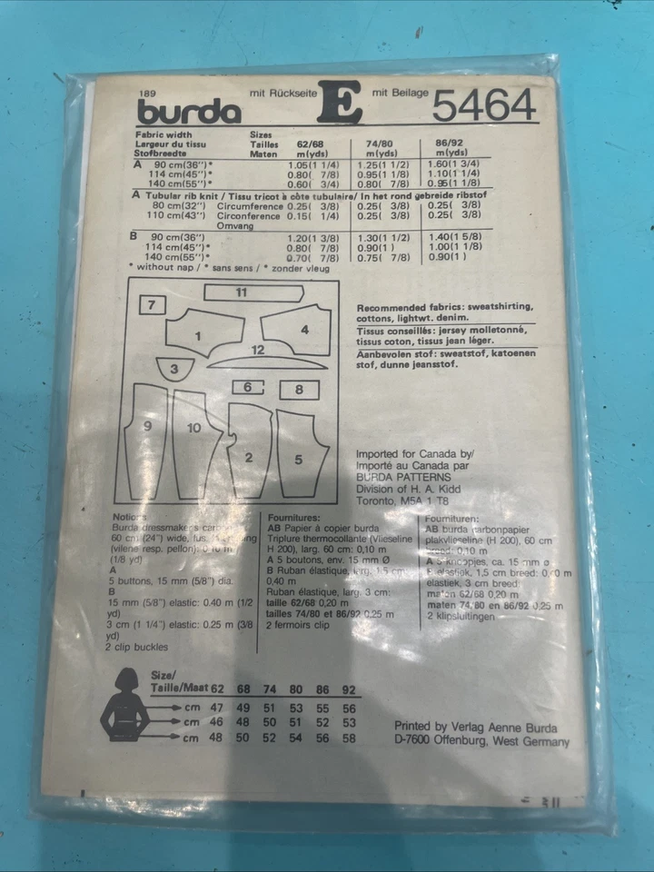 Vintage Burda Pattern 5464 Baby/ Toddlers Pajamas, Snow Outfit 12M to 4 Uncut - Image 2 of 2