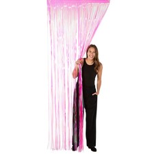 Hot Pink Sparkling Metallic Plastic Foil Fringe Curtain, 3 ft. x 8 ft