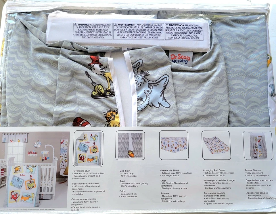 Juego de cuna de 5 piezas Dr Seuss Friends Nursery Horton Cat In The Hat Lorax Quilt NUEVO Foto 4 de 4