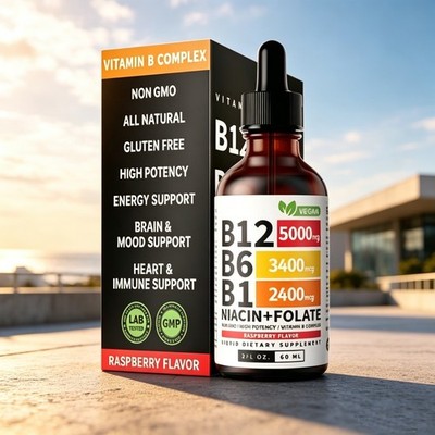 5  In 1 Vitamin B Complex - B6 B1 B12 Liquid Drops 5000mcg - 1PC USA