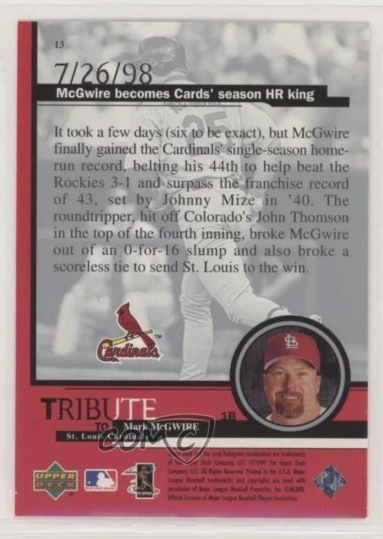 1999 Upper Deck Tribute to Mark McGwire Box Set Mark McGwire #13 - Image 2 of 2