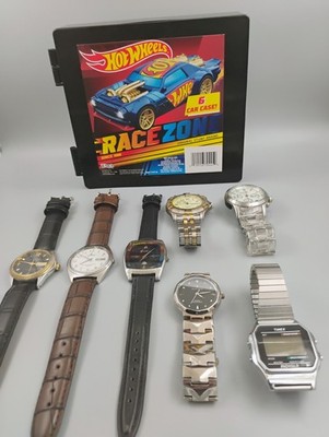 Hot Wheels Watch Box Lot 7 Vtg Mens Quartz Watches Elgin Lotus Timex DKNY Runs