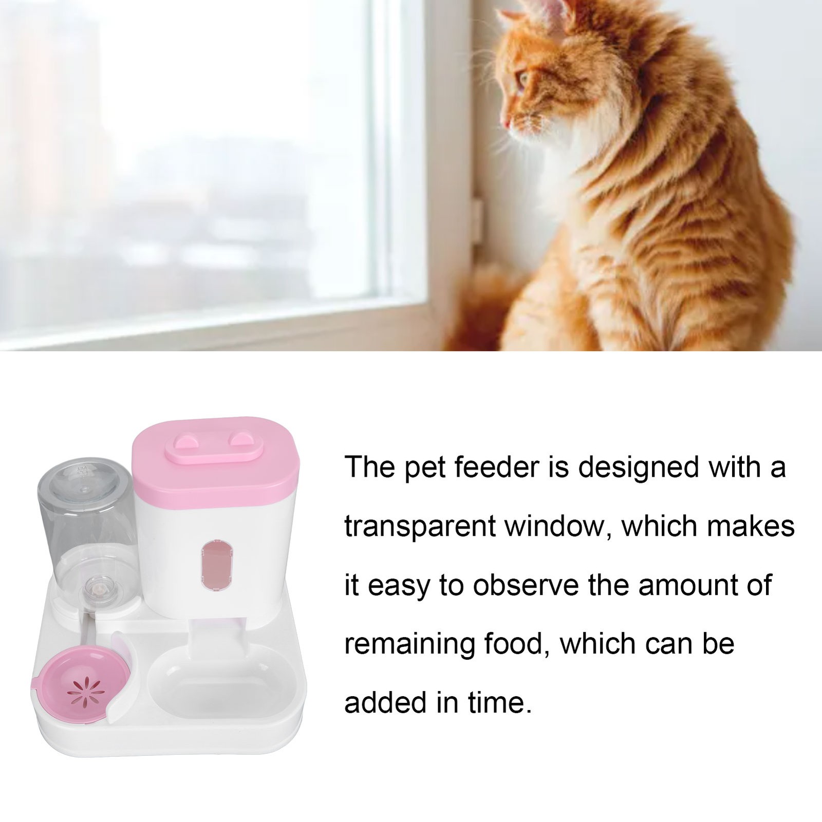 (Pink)Pet Food Water Dispenser 2 In 1 Detachable Automatic Cat Waterer