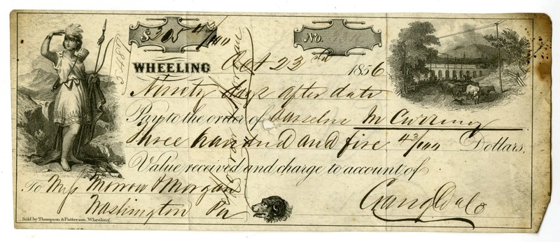 Wheeling, WV. $305.43 I/C Bank Check, Dated 1856, S/N 334. Fine condition