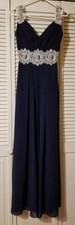 Sorella Vita Size 6 Long Maxi Party Dress Navy Blue w/ Ivory Lace Trim 