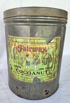Vintage Fairway Cocoanut Tin Can Canister 10 lb Advertising  12.5'' tall