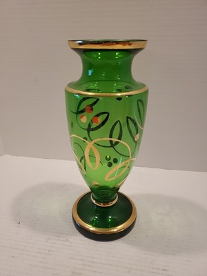 Bohemian Czech - Hand Made Green Crystalex Vase with Gold Trim