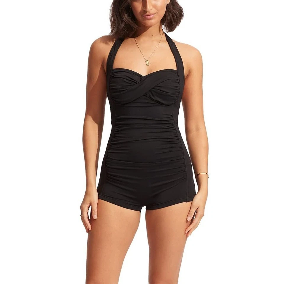 Seafolly Australia Swimsuit Women 12 Black Halter Ruched Sweetheart Boyleg - Image 2 of 4