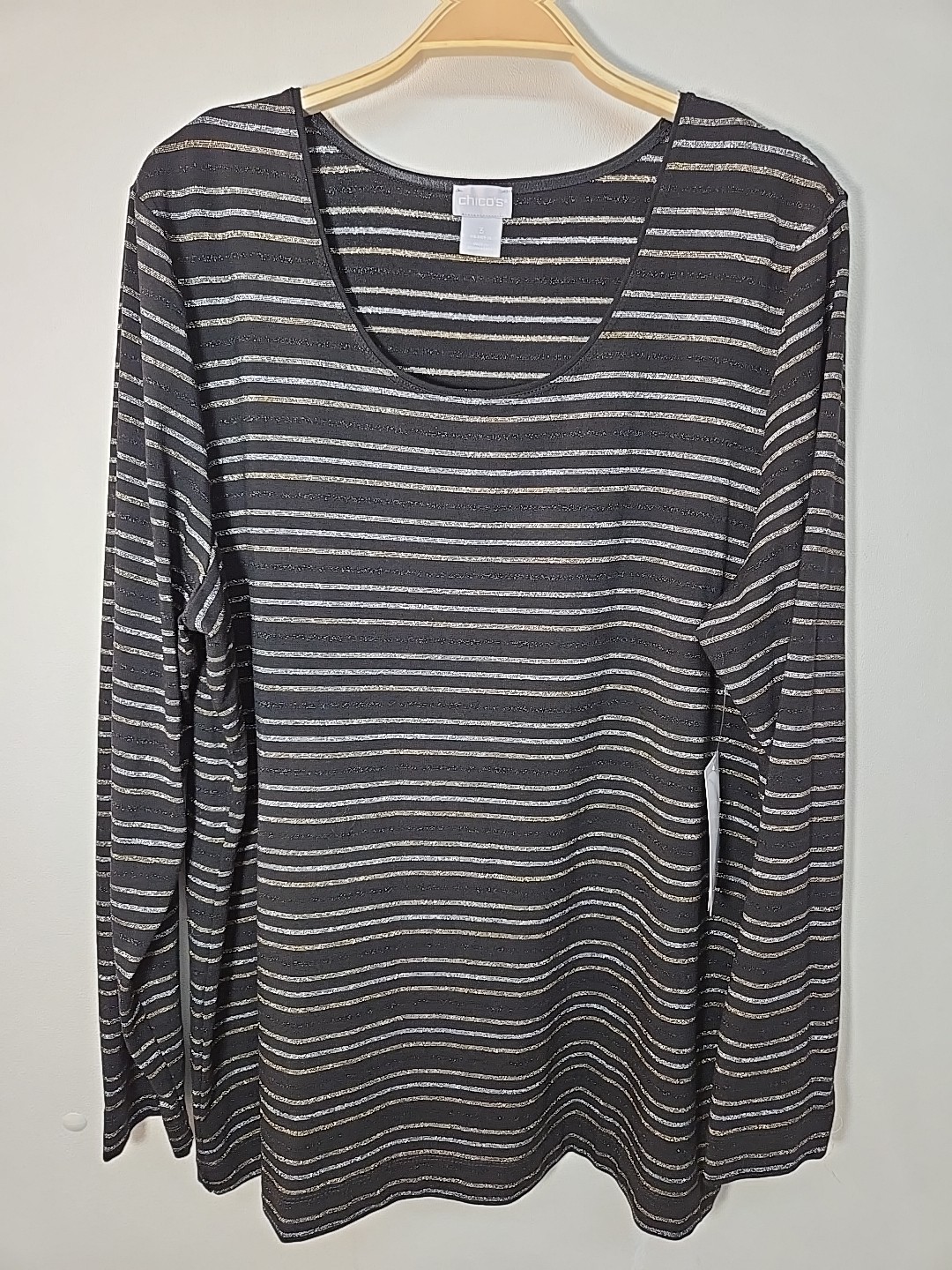 NWT Chico's Top Size 3 XL Black Silver Gold Metallic Stripe Pullover Shirt