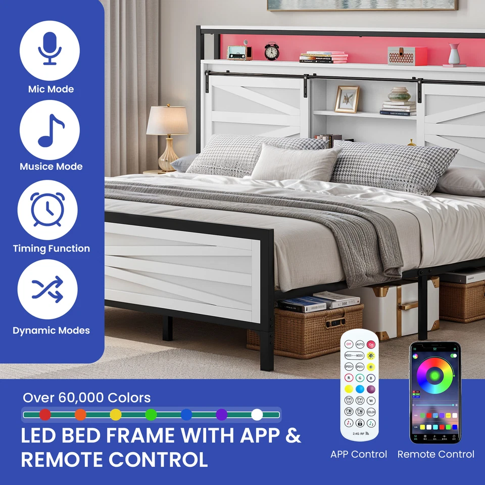 Armação de cama king size com luzes LED cabeceira prateleiras de armazenamento estação de carregamento - Imagem 4 de 4