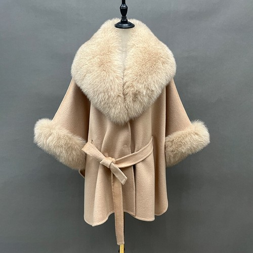 Poncho de lana para mujer cinturón cuello de piel de zorro real solapa puño de piel capa de lana abrigo - Imagen 14 de 22