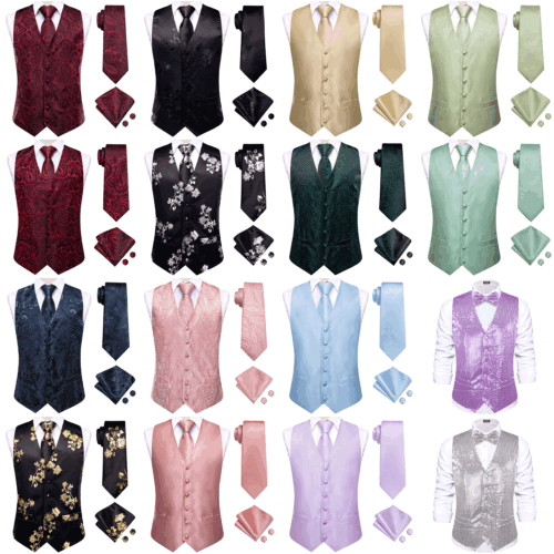 Mens Formal Wedding Waistcoat Floral Paisley Suit Vest Slim Tuxedo Silk Tie Set