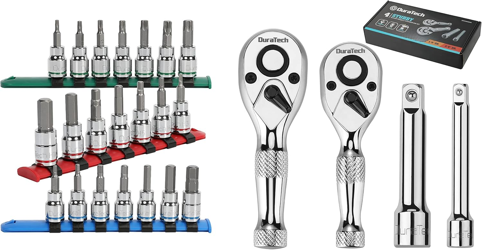 21-Piece Stubby Ratchet Set with 1/4-Inch & 3/8-Inch Sockets for Tight Spaces