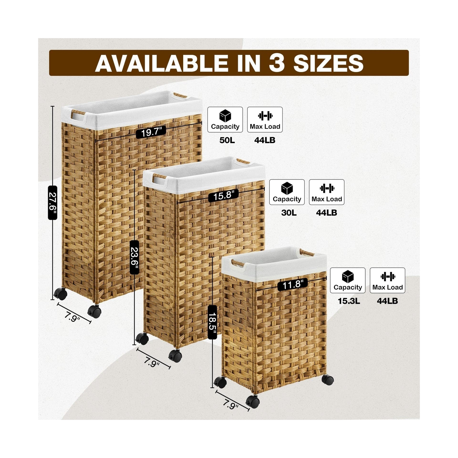 Greenstell Laundry Hamper with Wheels, 50L Slim Laundry Basket with 2