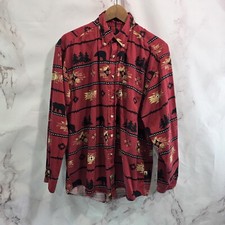 Vintage Button Shirt Mens Large Red Camp Bear Tree Southwestern Aztec Down