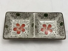 Vintage Hand Painted Divided Floral Trinket or Dipping Sauces Dish