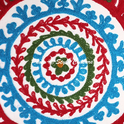 18 in Suzani Floor Cushion Round White Embroidered Floor Pillow Cushion Cover - Picture 5 of 7