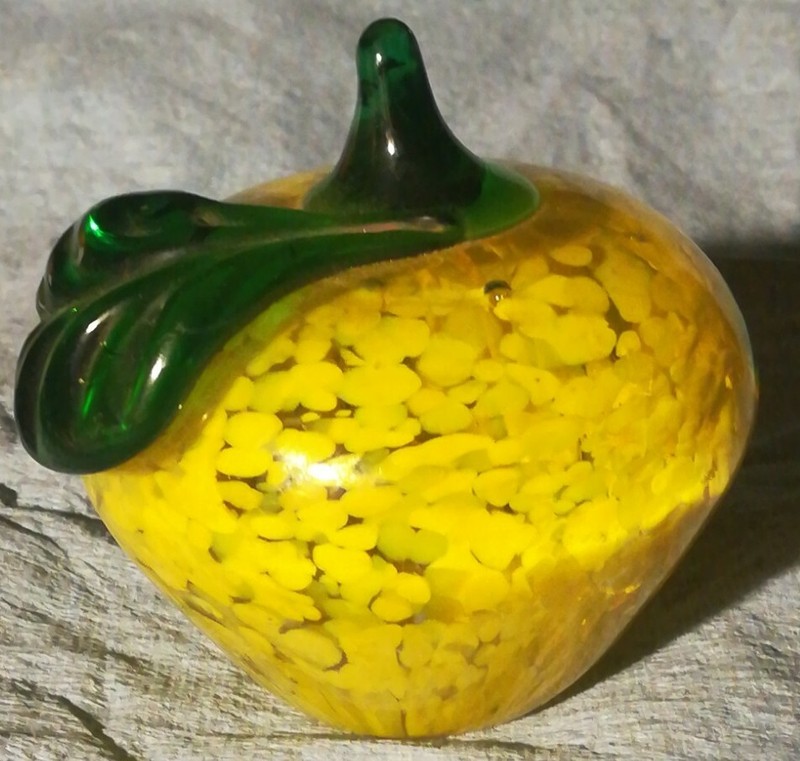 Apple Yellow Splatter paperweight Green Stem Art Glass Hand Blown Paperweight