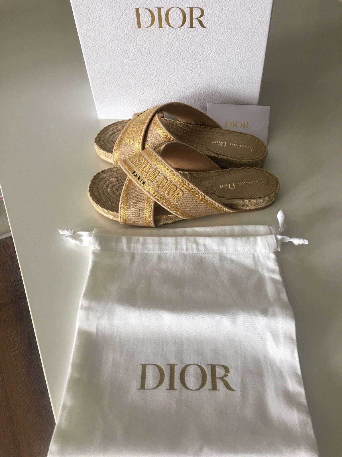 NEUF AVEC ÉTIQUETTES LOGO BRODÉ CHRISTIAN DIOR GRANVILLE OR ESPADRILLE TAILLE 36,5 US 6,5