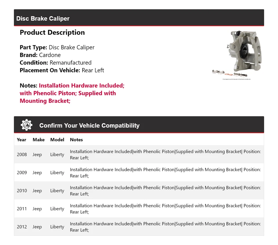 Pinza de freno de disco trasera izquierda Cardone 2009 2010 2011 para Jeep Liberty 2008-2012 Foto 2 de 4