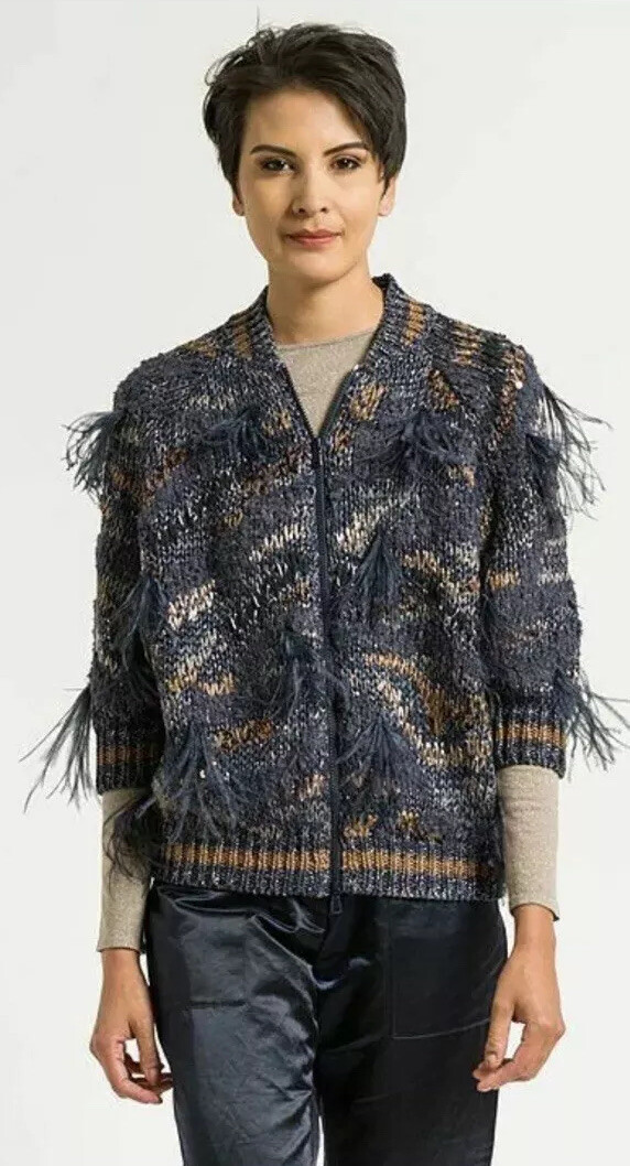 Cardigan Paillettes Et Plumes Brunello Cucinelli - XS/IT38 Bleu Tempête - Neuf Sans étiquettes