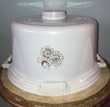 Vintage Lock Lift Cake Cover Plastic Covered Cake Carrier White Gold Made in USA