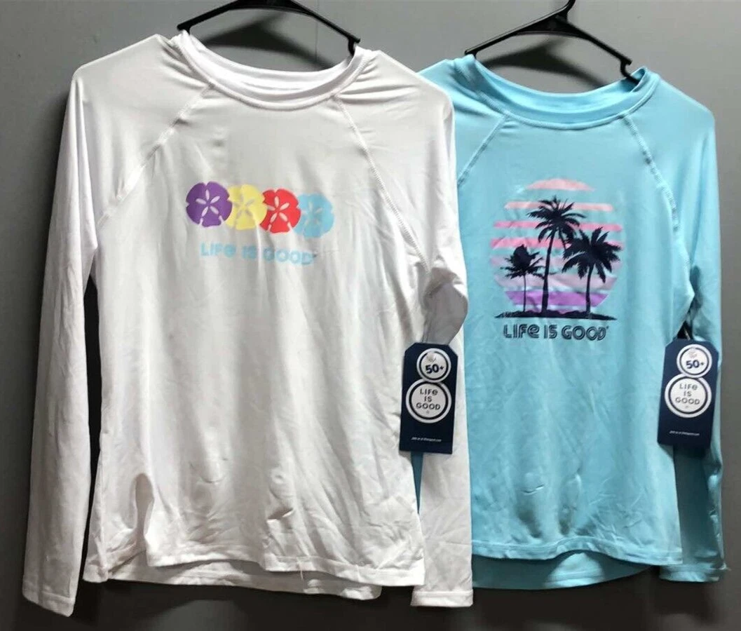2PC Life Is Good Ladies Long Sleeve Sunshirt UPF 50+ ~ Small ~ White & Baby Blue