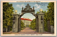 Newport Rhode Island 1947 Postcard Cornelius Vanderbilt Breakers Estate Entrance