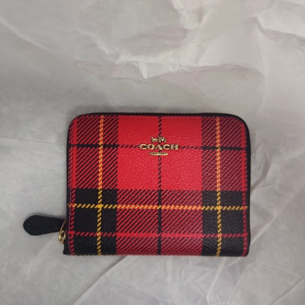 Coach Plaid Zip Around Wallet Small Red Multi Black CF237B
