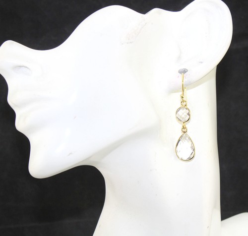 Pear Round Shape Hydro Quartz Chalcedony Gold Plated  Drop Dangle Bezel Earrings - Picture 5 of 25