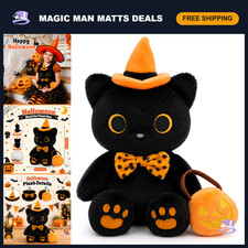 Halloween Plush Black Cat Toy with Pumpkin Bag  Witch Hat - Cute Stuffed Animal