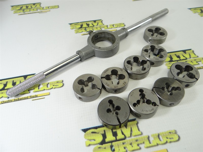 PRECISION ROUND DIE WRENCH 1-1/2" CAP. + 9 ASSORTED DIES 1/4"-20NC TO 3/4"-16NF