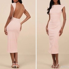 Lulus Chic Existence Midi Dress Womens M Ivory Orange Striped Ribbed Backless