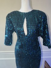 VINTAGE CLIMAX BY DAVID HOWARD Teal Sequin Keyhole Sheath Dress Size 11/12