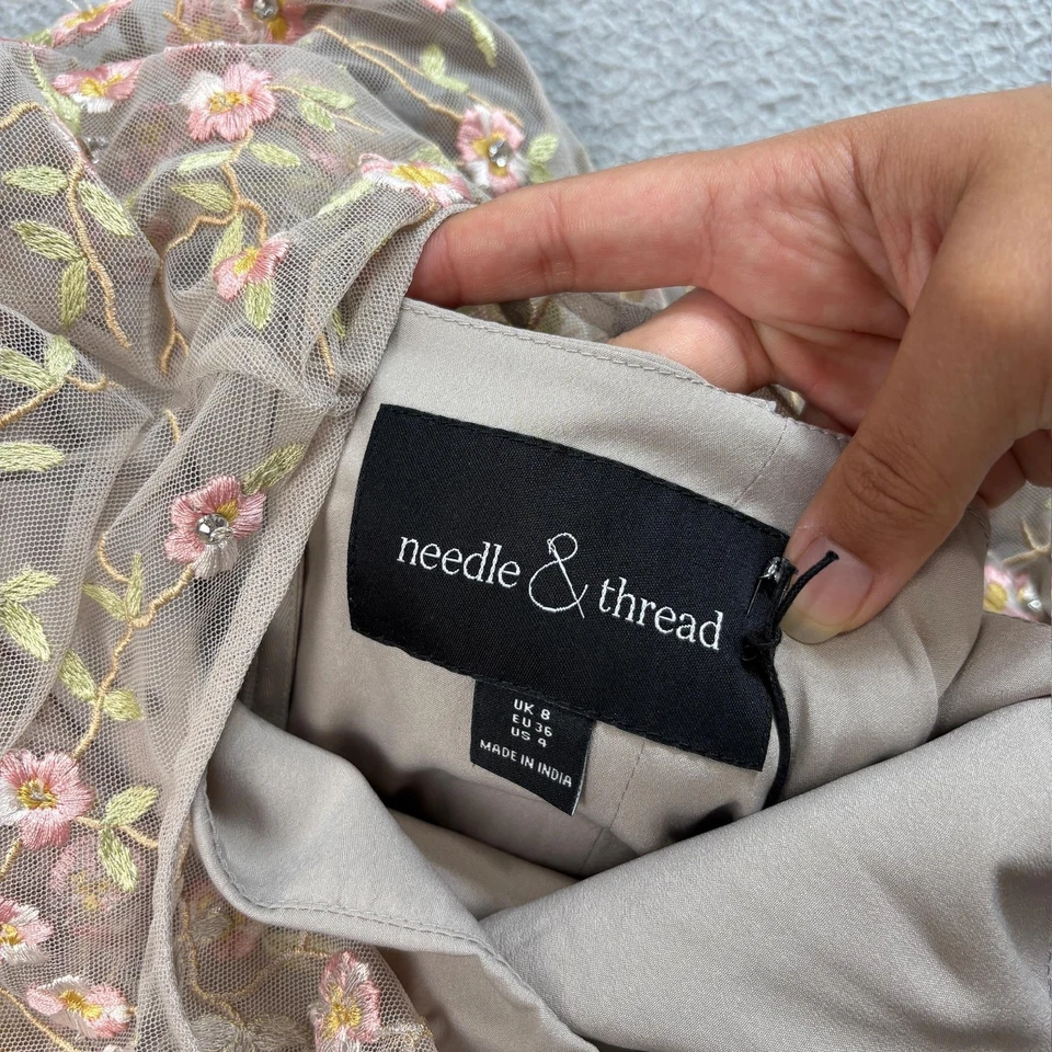 Vestido feminino agulha e linha EUA 4 Reino Unido 8 lantejoulas floral bordado tule formal - Imagem 3 de 4