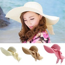 Ladies Womens Sun Beach Straw Wedding Hat Foldable Wide Brimmed Summer Floppy