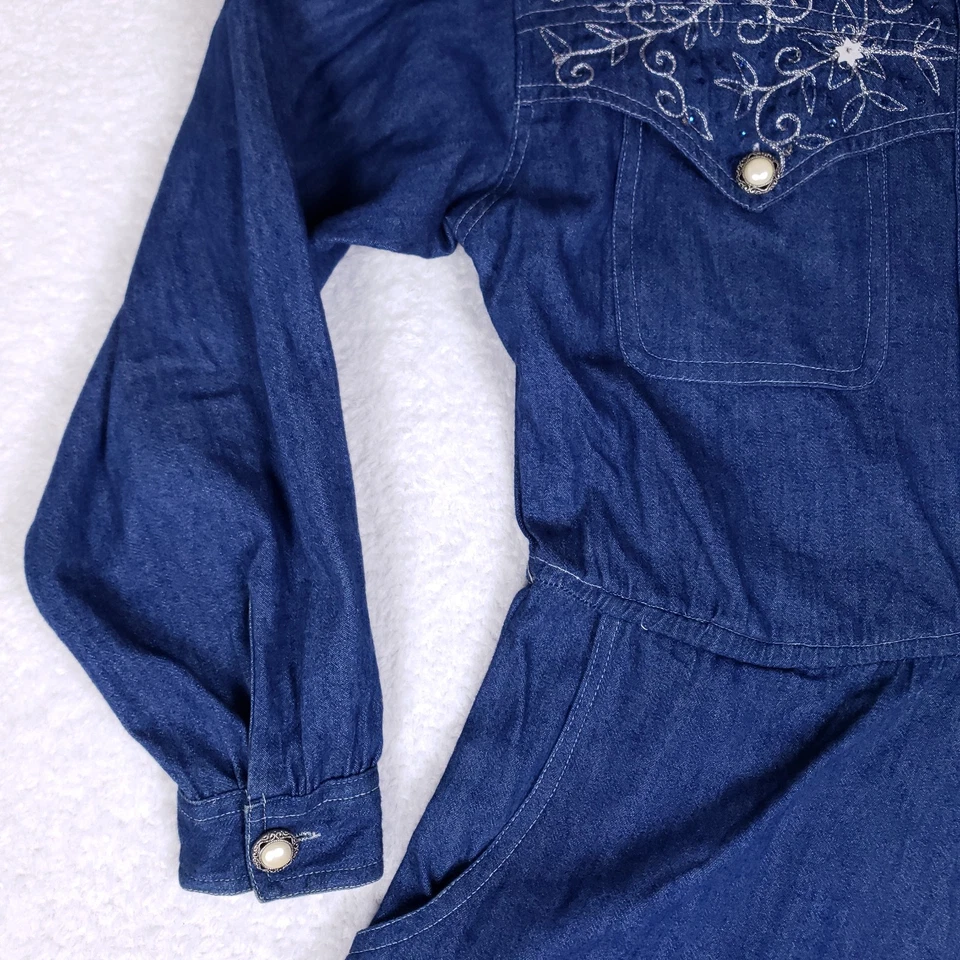 Винтажный страны износ джинсовой ткани Western макси платье размер 8 вышитый жемчуг акцент - Изображение 3 из 4