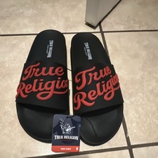 True Religion Men’s Slide Sandals Black/Red Logo Slip-On Synthetic Upper Sz 8