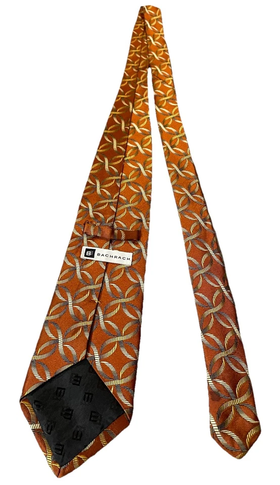 Gravata de seda Bachrach masculina rústica marrom prata ouro link infinito 4”x60” feita nos EUA - Imagem 3 de 4