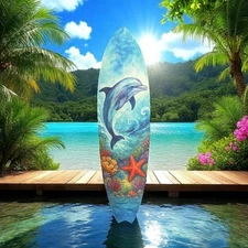 Dolphin Surfboard Wall Art, Coastal Beach Decor, Tropical Ocean Sign, 3 - 5 Foot